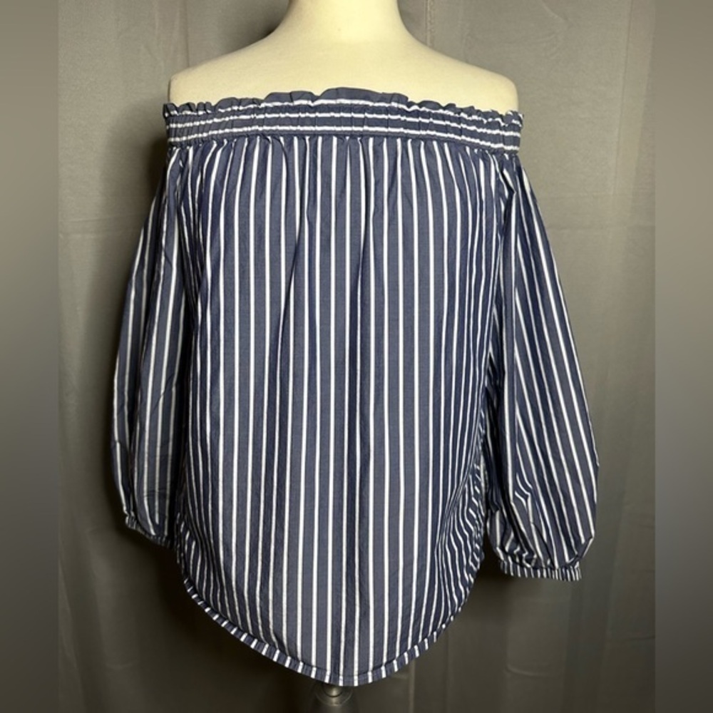J.Crew Blue White Striped Off The Shoulder Smocked Blouse Top Size 0